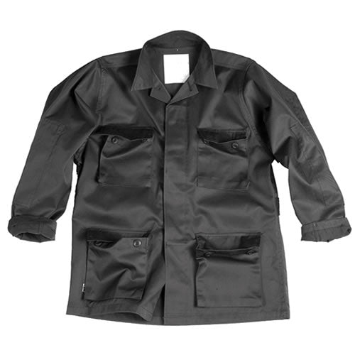 Chaqueta BDU negra con cuatro bolsillos frontales y codos reforzados, mezcla 65% poliéster 35% algodón