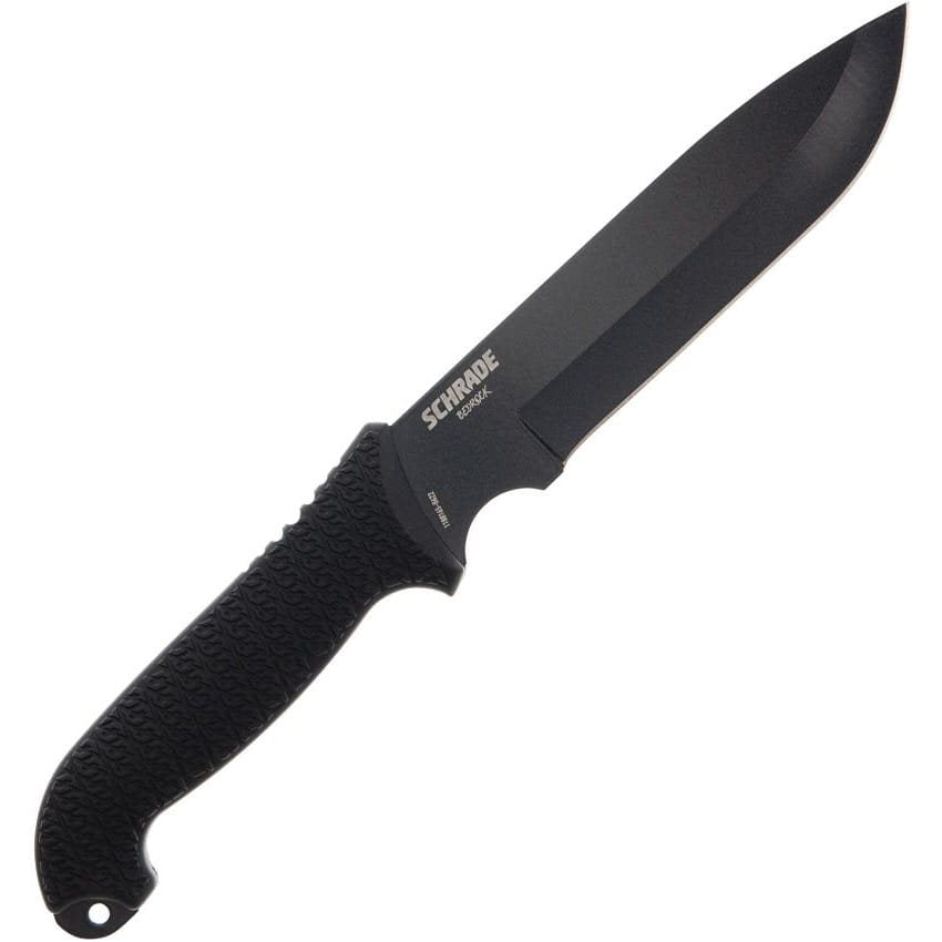 Cuchillo BEDROCK bushcraft negro, hoja Drop point de acero inoxidable AUS-8 y funda