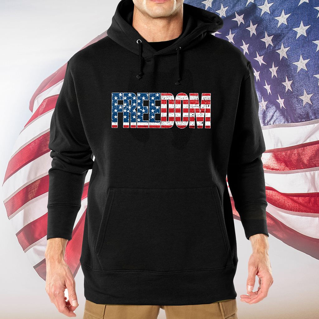 Sudadera negra con capucha y estampado FREEDOM estilo bandera estadounidense, 50% algodon 50% poliester