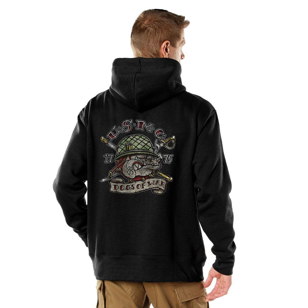 Sudadera USMC negra con capucha, estampado trasero DOGS OF WAR con bulldog militar y bolsillo canguro