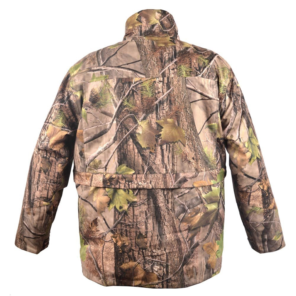 Chaqueta de caza HUNTER WILDTREE CAMO en camuflaje, vista frontal con capucha y bolsillos