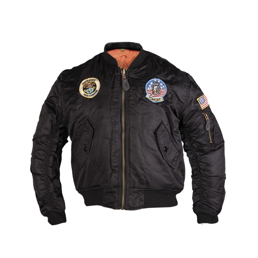 Cazadora bomber MA1® infantil negra con bolsillos frontales y bolsillo en manga