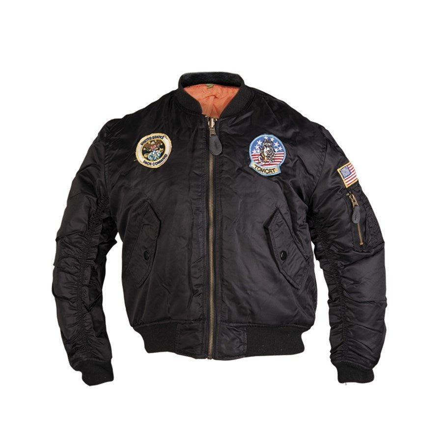 Cazadora bomber MA1® infantil negra con bolsillos frontales y bolsillo en manga