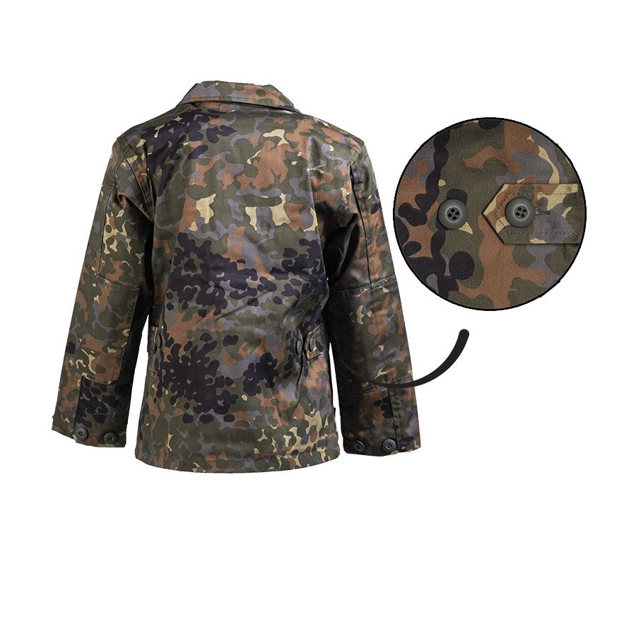Blusa infantil camuflaje FLECKTARN estilo BDU con 4 bolsillos y puños ajustables