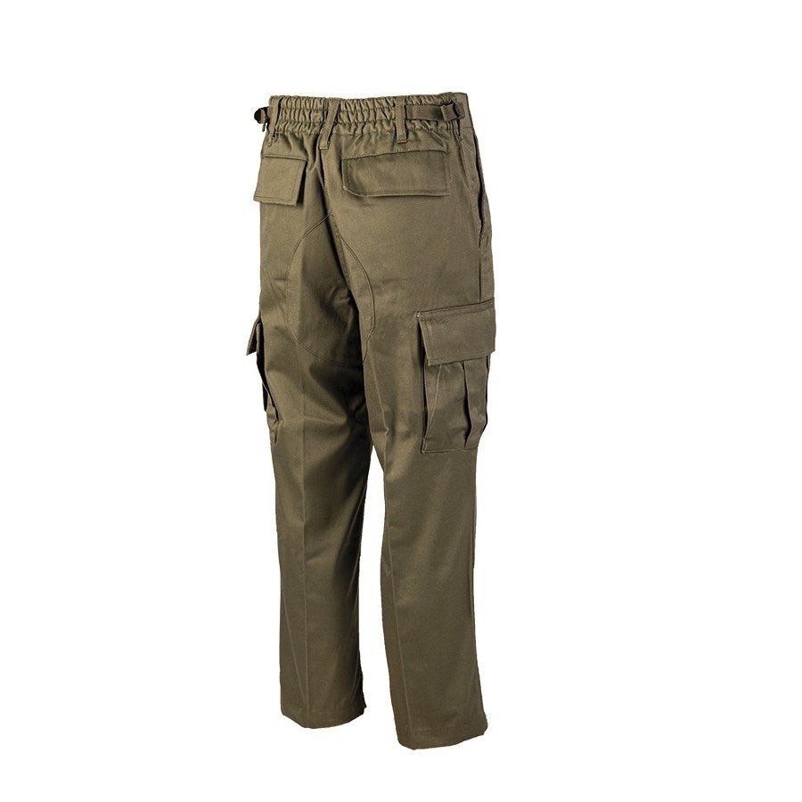 Pantalones infantiles estilo BDU verdes con refuerzos en asiento y rodillas y múltiples bolsillos