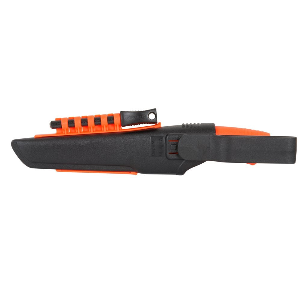 Cuchillo Mora Bushcraft Survival naranja, hoja de acero al carbono, 23,2 cm, funda plástica