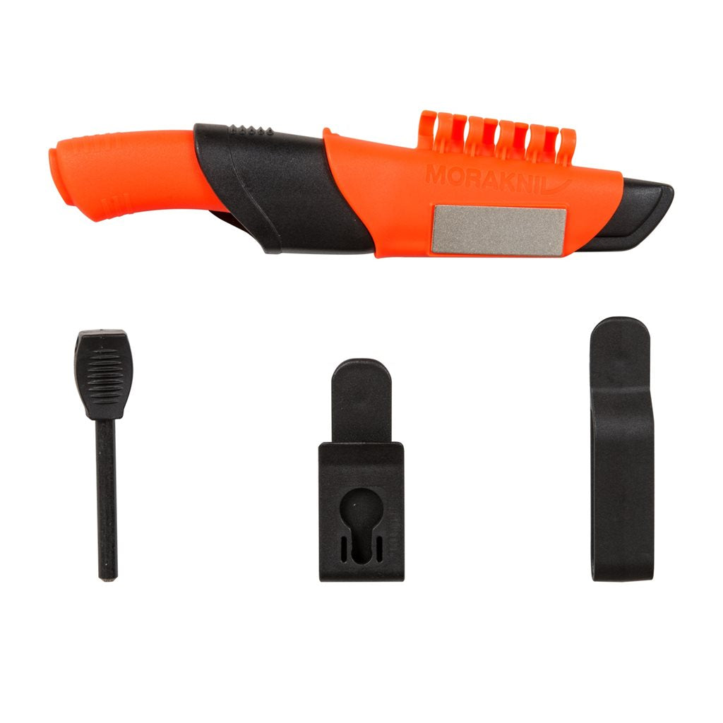 Cuchillo Mora Bushcraft Survival naranja, hoja de acero al carbono, 23,2 cm, funda plástica