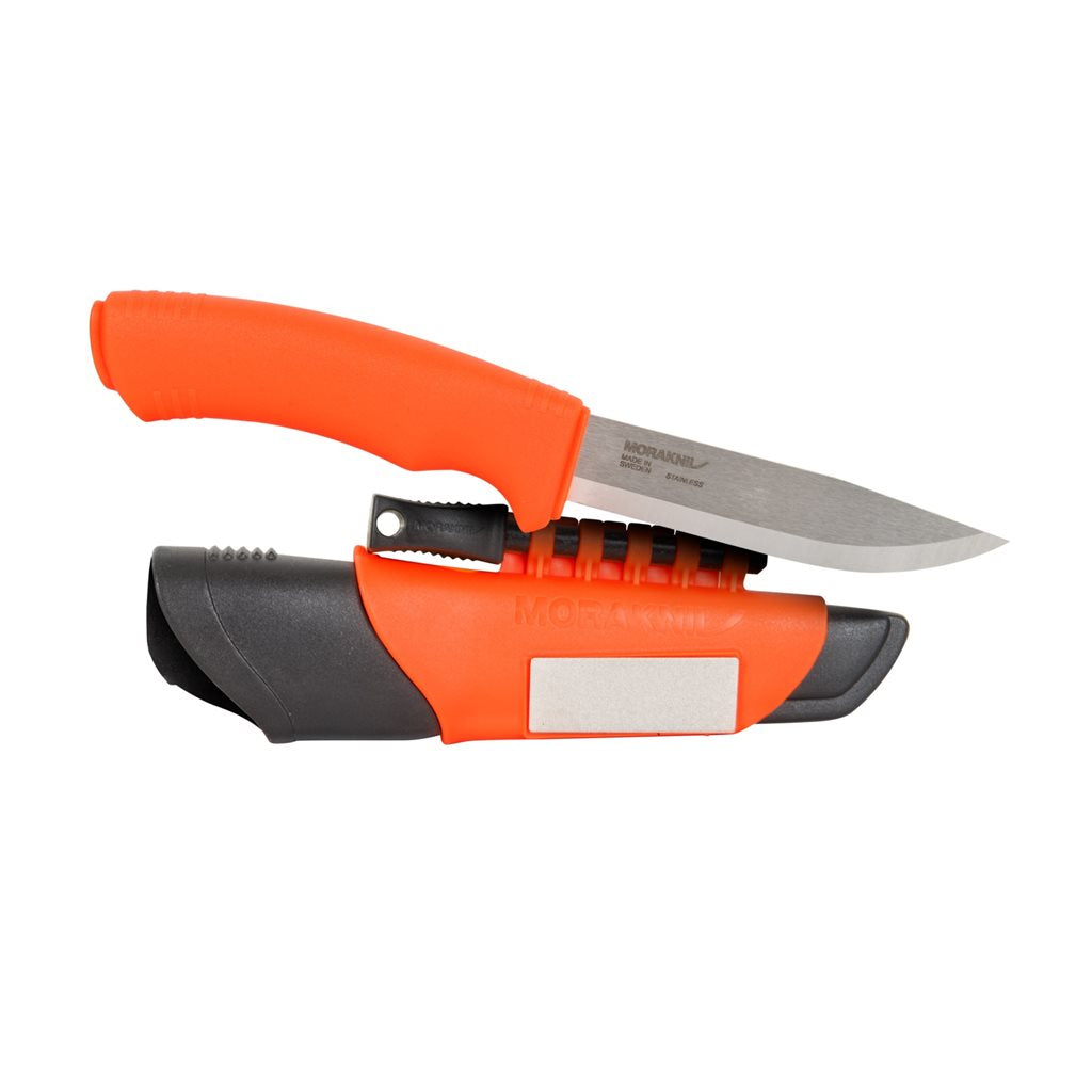 Cuchillo Mora Bushcraft Survival naranja, hoja de acero al carbono, 23,2 cm, funda plástica