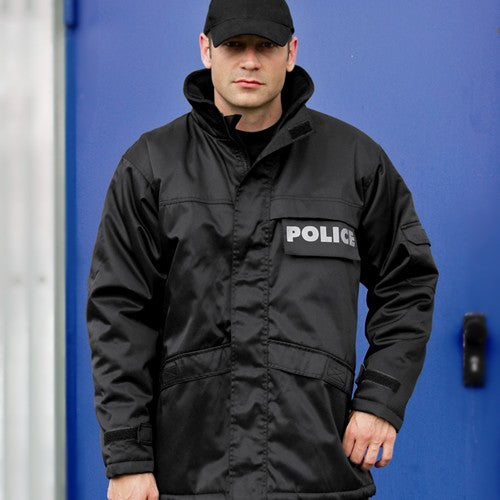 Parka SECURITY larga negra con cuello alto y cierre de cremallera