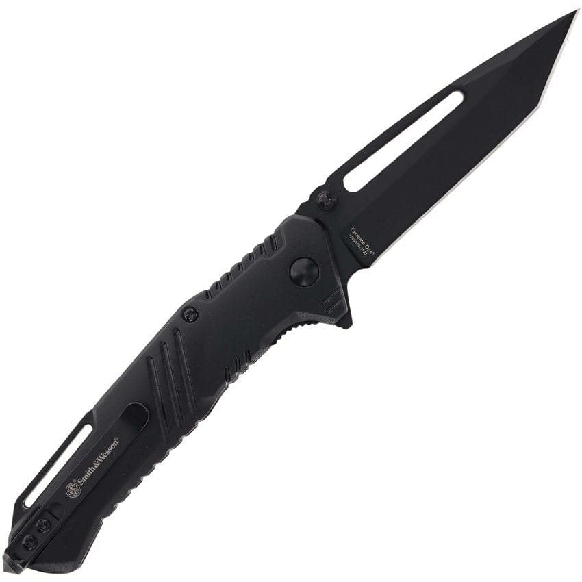 Navaja plegable táctica negra con hoja tanto y recubrimiento negro, cierre LinerLock