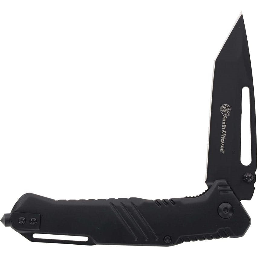 Navaja plegable táctica negra con hoja tanto y recubrimiento negro, cierre LinerLock
