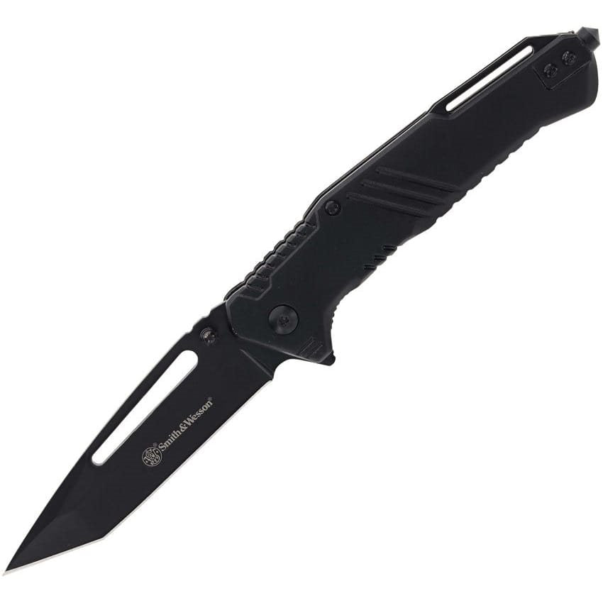 Navaja plegable táctica negra con hoja tanto y recubrimiento negro, cierre LinerLock