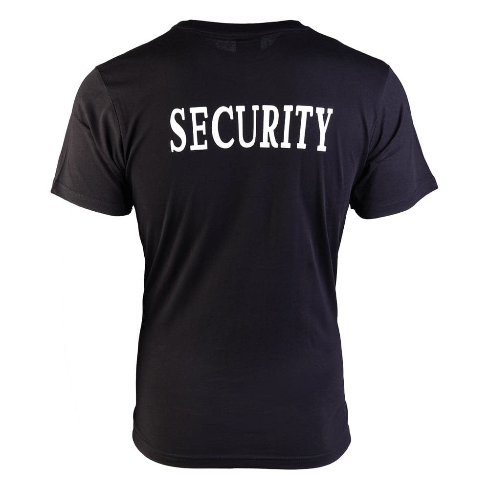 Camiseta negra con inscripción 'SECURITY' grande en la espalda y pequeña en el pecho, 100% algodón