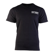 Camiseta negra con inscripción 'SECURITY' grande en la espalda y pequeña en el pecho, 100% algodón