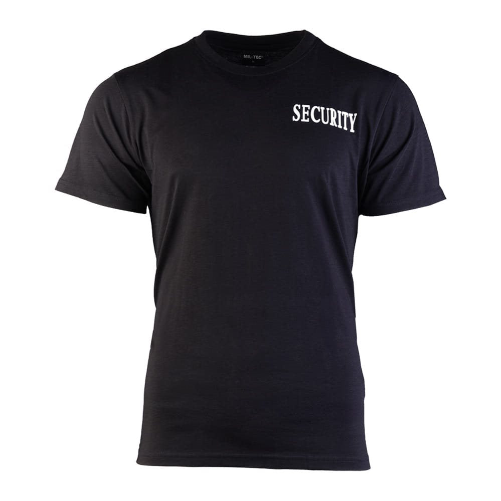 Camiseta negra con inscripción 'SECURITY' grande en la espalda y pequeña en el pecho, 100% algodón