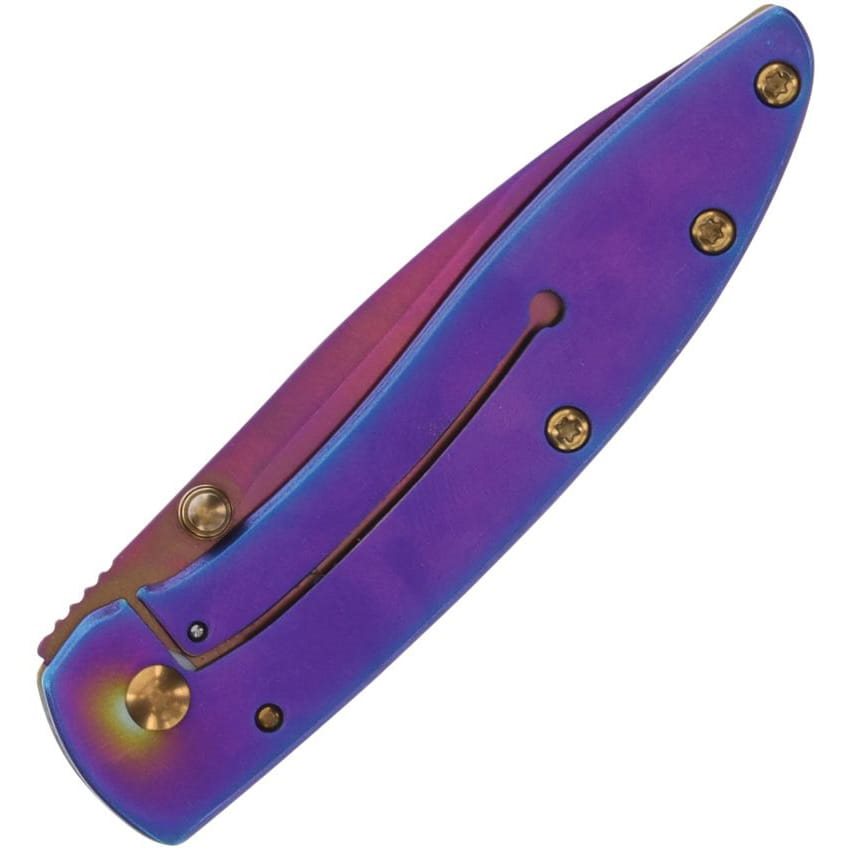 Navaja plegable pequeña con acabado multicolor tipo arcoiris y hoja lisa de acero inoxidable
