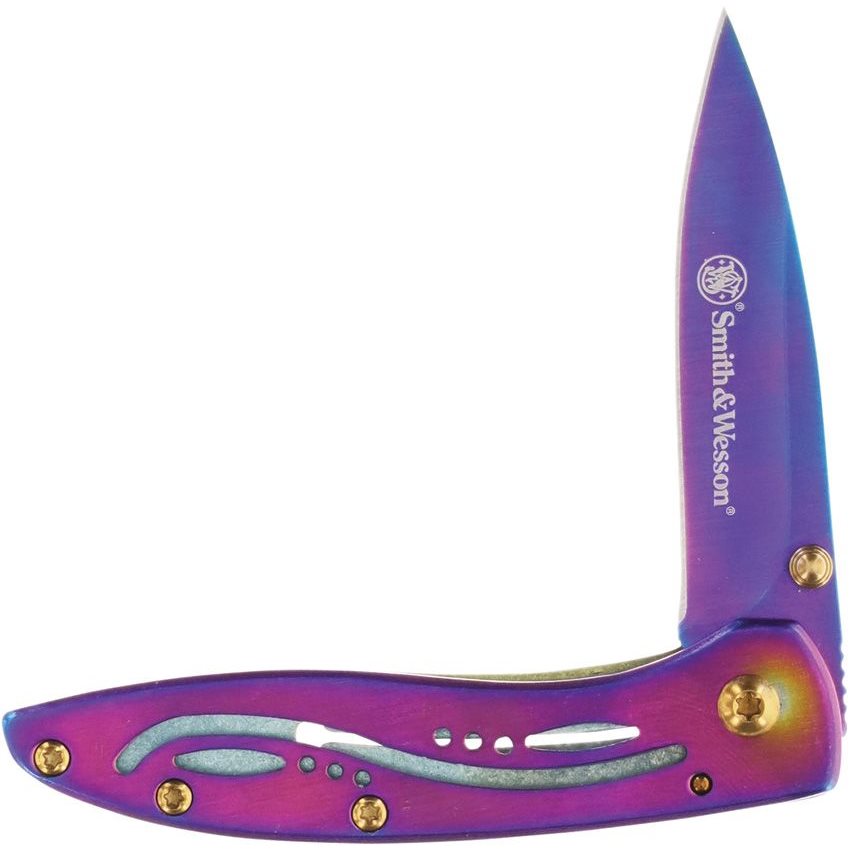 Navaja plegable pequeña con acabado multicolor tipo arcoiris y hoja lisa de acero inoxidable