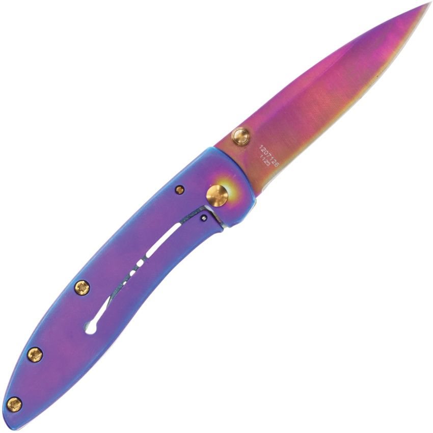 Navaja plegable pequeña con acabado multicolor tipo arcoiris y hoja lisa de acero inoxidable