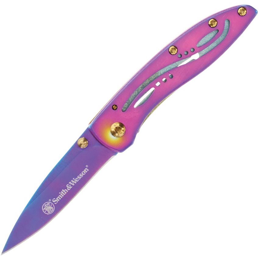 Navaja plegable pequeña con acabado multicolor tipo arcoiris y hoja lisa de acero inoxidable