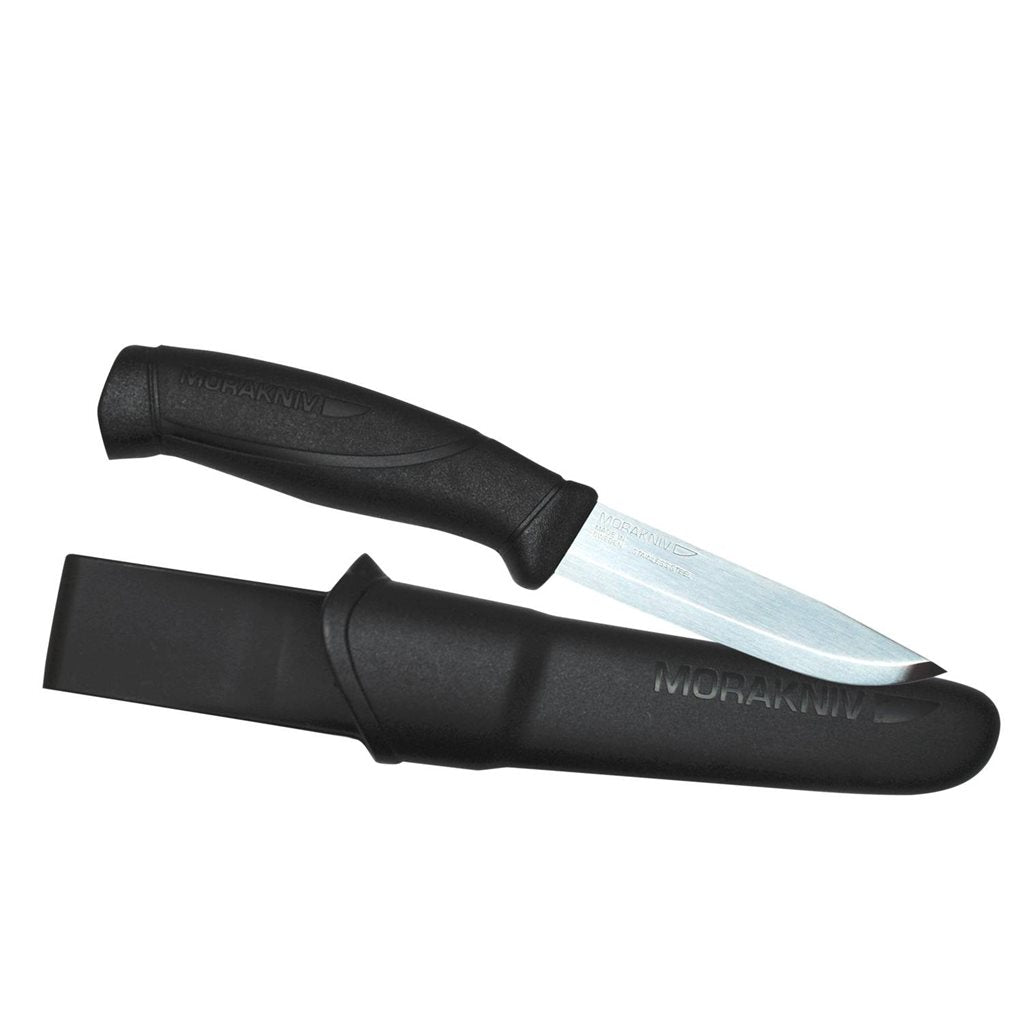Cuchillo Mora Companion negro con funda de plástico y hoja de acero inoxidable