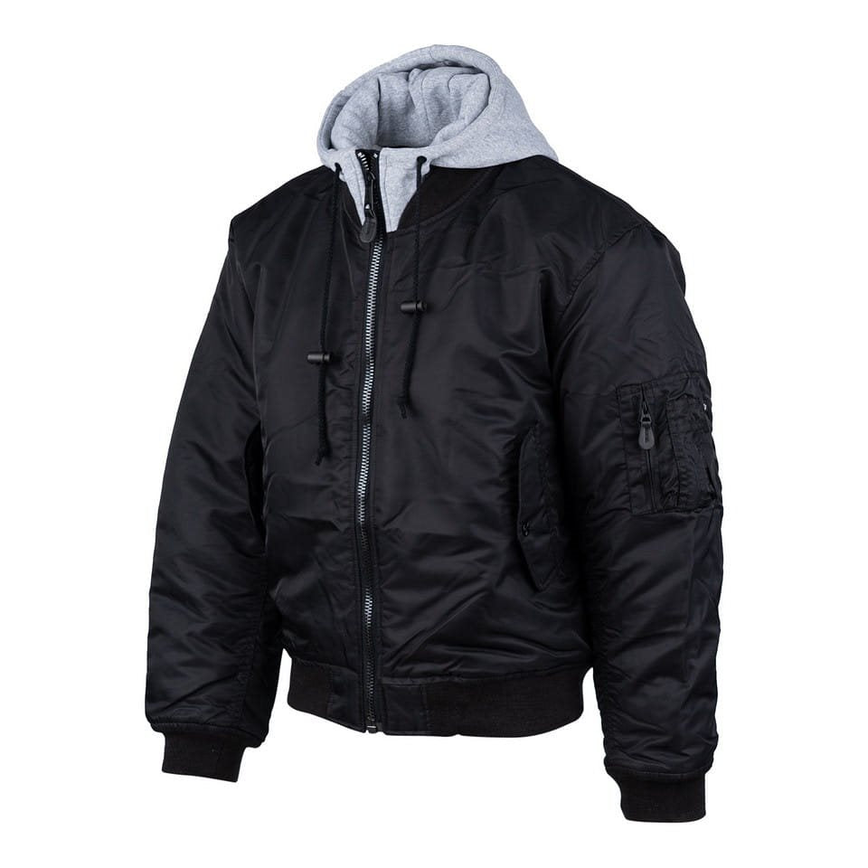 Bomber MA1 negra con capucha y cuello de algodón, vista frontal