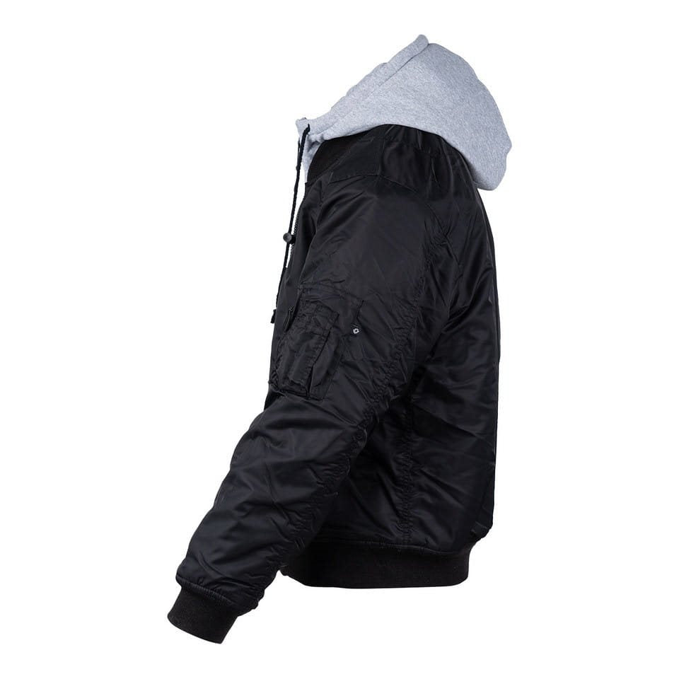 Bomber MA1 negra con capucha y cuello de algodón, vista frontal