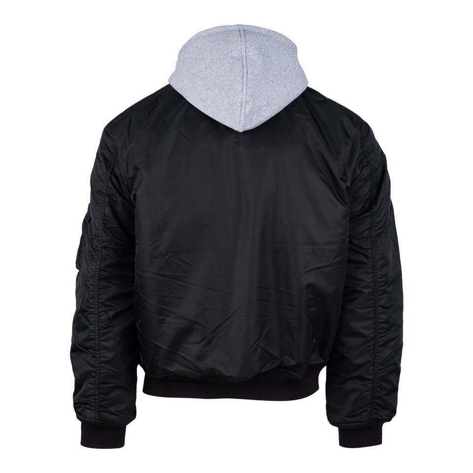 Bomber MA1 negra con capucha y cuello de algodón, vista frontal