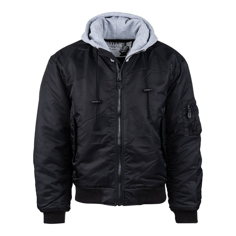 Bomber MA1 negra con capucha y cuello de algodón, vista frontal