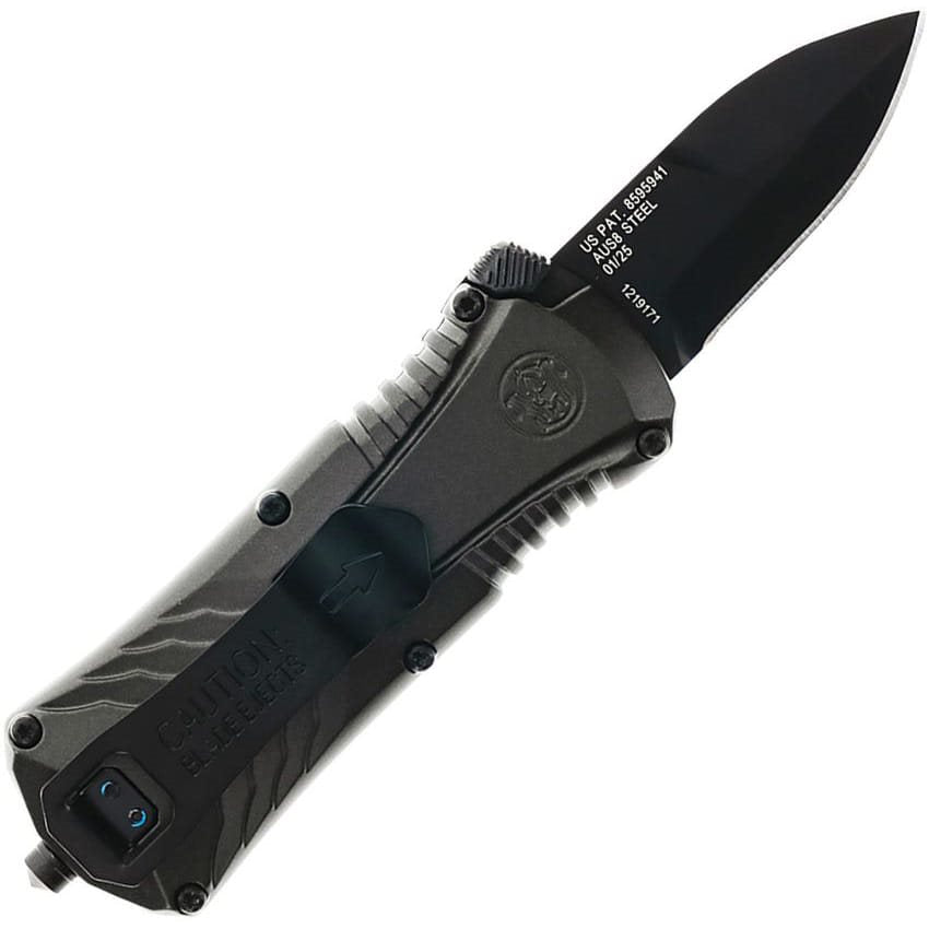 Navaja automática OTF MP COMPACT negra, hoja lisa y rompecristales de emergencia