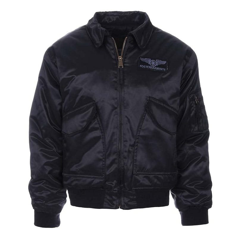 Chaqueta CWU Heavy negra con cierre de latón, 2 bolsillos frontales, bolsillo en el hombro y puños elásticos