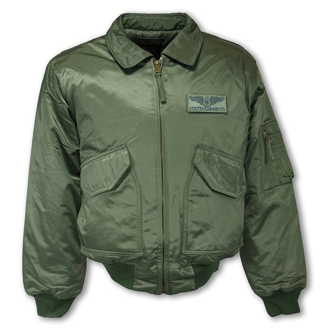 Chaqueta CWU Heavy verde de nylon con cremallera de latón y varios bolsillos