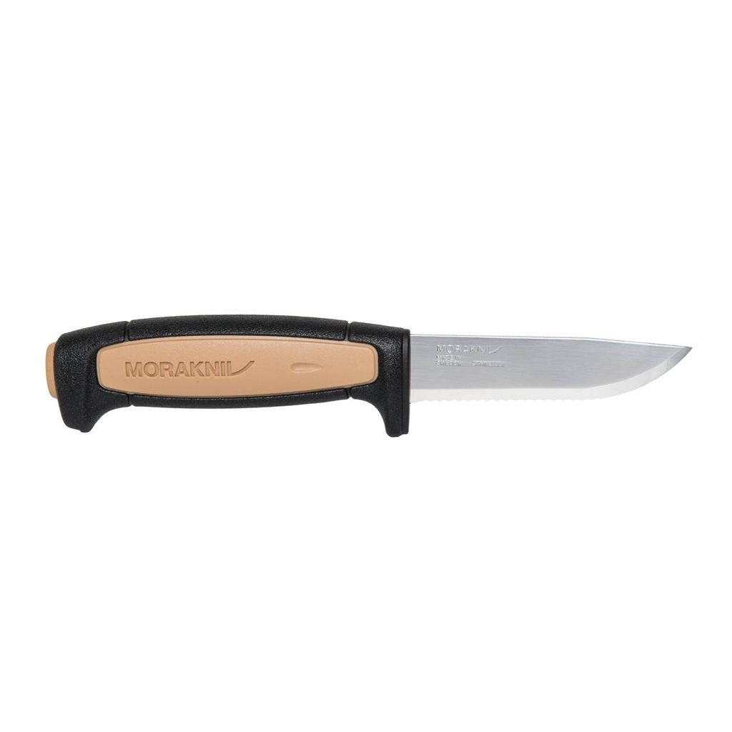 Cuchillo MORA ROPE con hoja de acero inoxidable y filo dentado, funda de plástico
