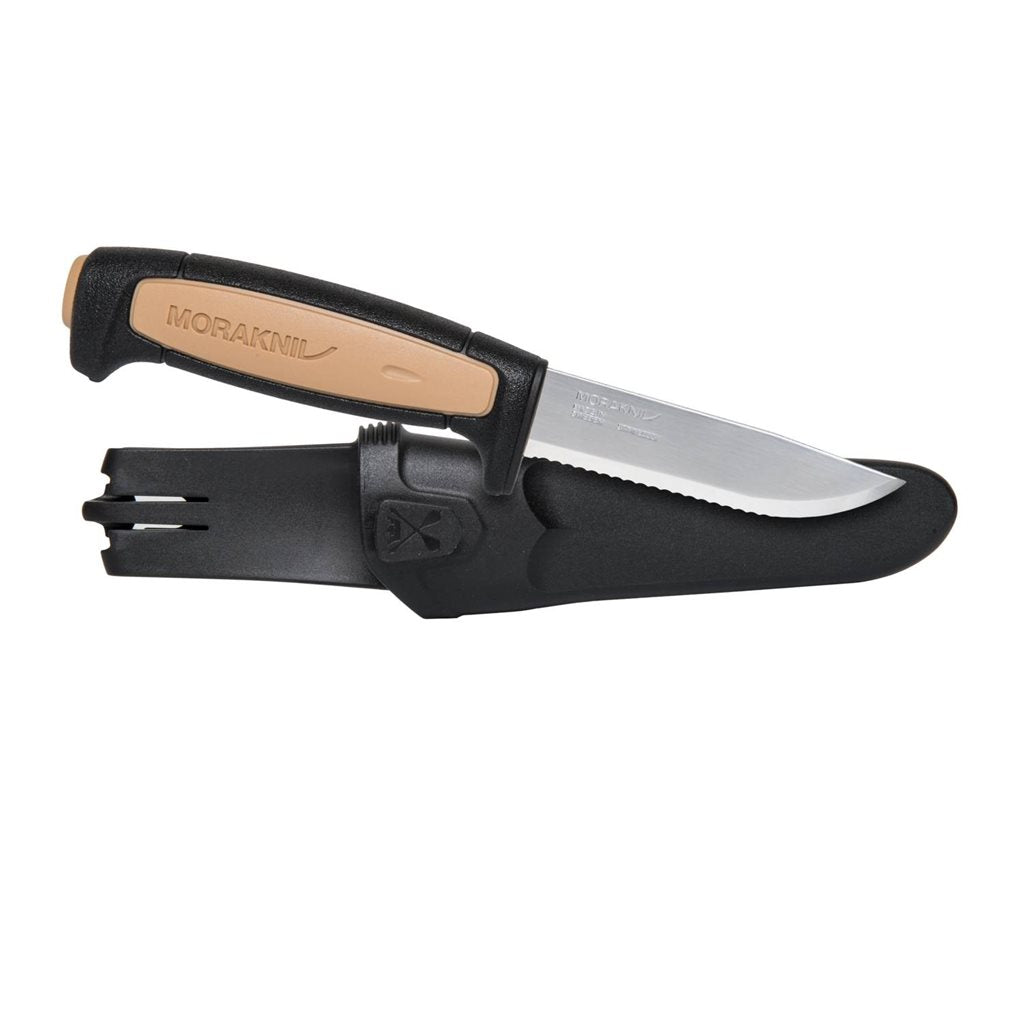 Cuchillo MORA ROPE con hoja de acero inoxidable y filo dentado, funda de plástico