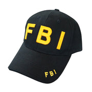 Gorra de béisbol negra con bordado 'FBI' en amarillo, ajuste trasero con cinta de plástico