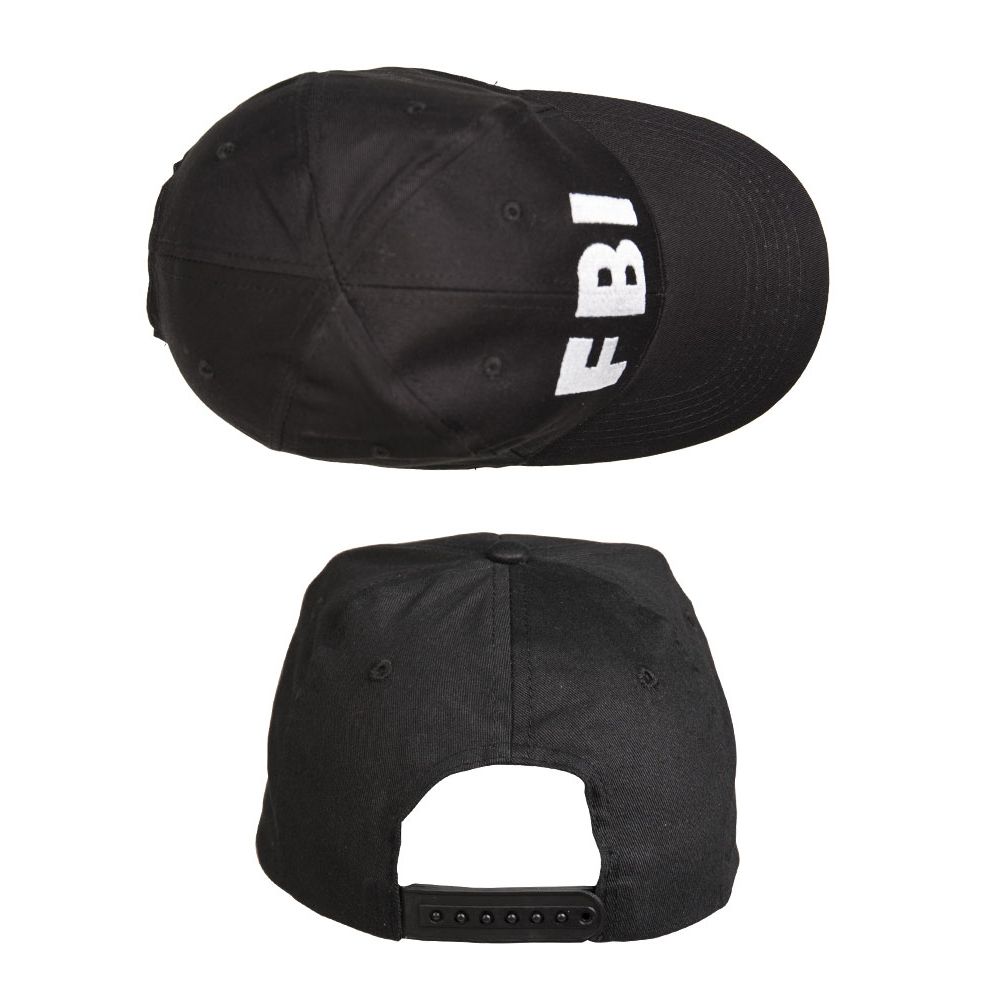 Gorra baseball negra con inscripción 'FBI', 100% algodón peinado, talla ajustable con cierre de plástico