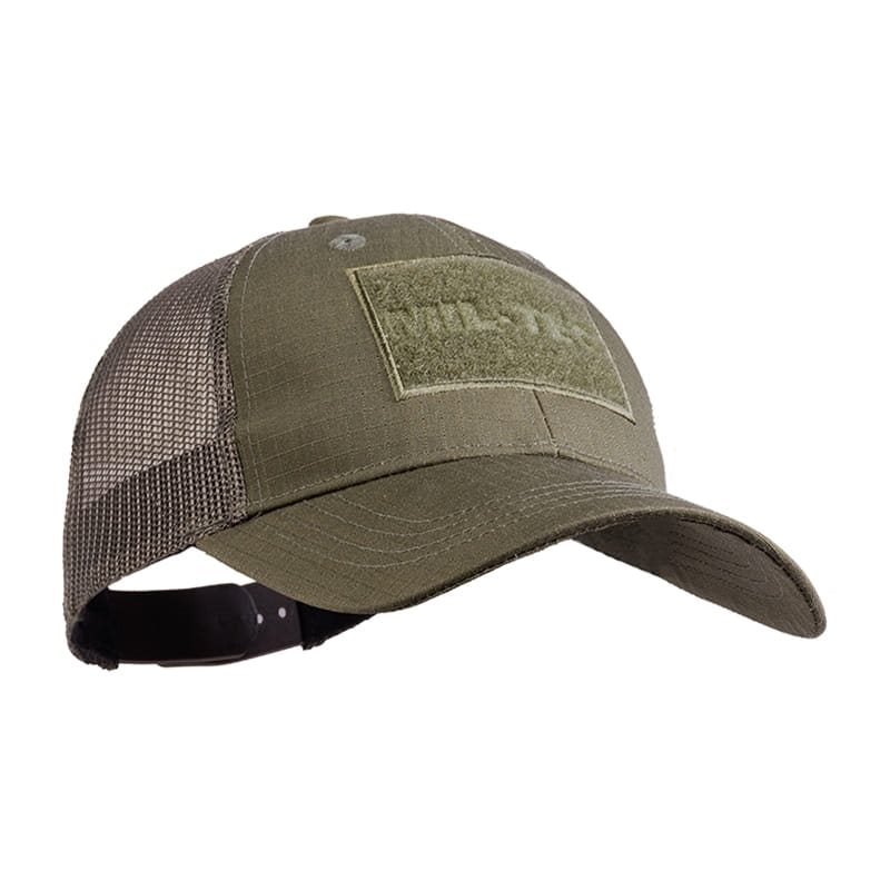 Gorra baseball Trucker verde con malla trasera, correa plástica ajustable y panel de velcro para parches
