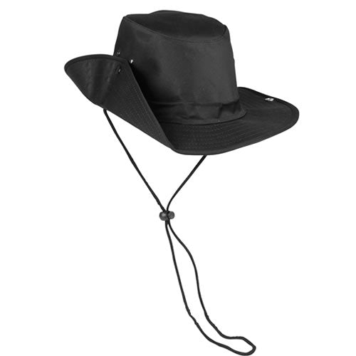 Sombrero BUSH negro con broches laterales, ala amplia y cordón bajo la barbilla