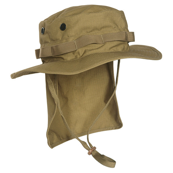 Sombrero Jungle con cuello rip-stop color coyote, protección para cabeza y cuello, vista lateral