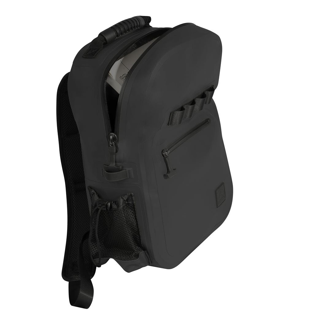 Mochila impermeable WAVEGUARD 16 litros negra hecha de lona vinílica de tres capas con cremalleras estancas