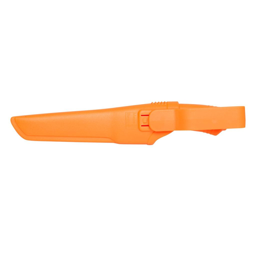 Cuchillo bushcraft naranja MORA con hoja acero Sandvik 12C27 y funda de plástico