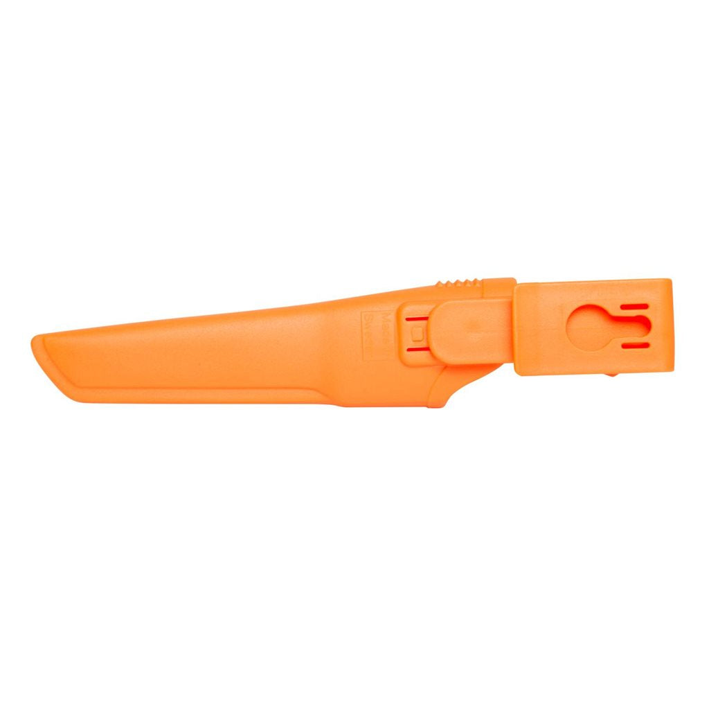 Cuchillo bushcraft naranja MORA con hoja acero Sandvik 12C27 y funda de plástico