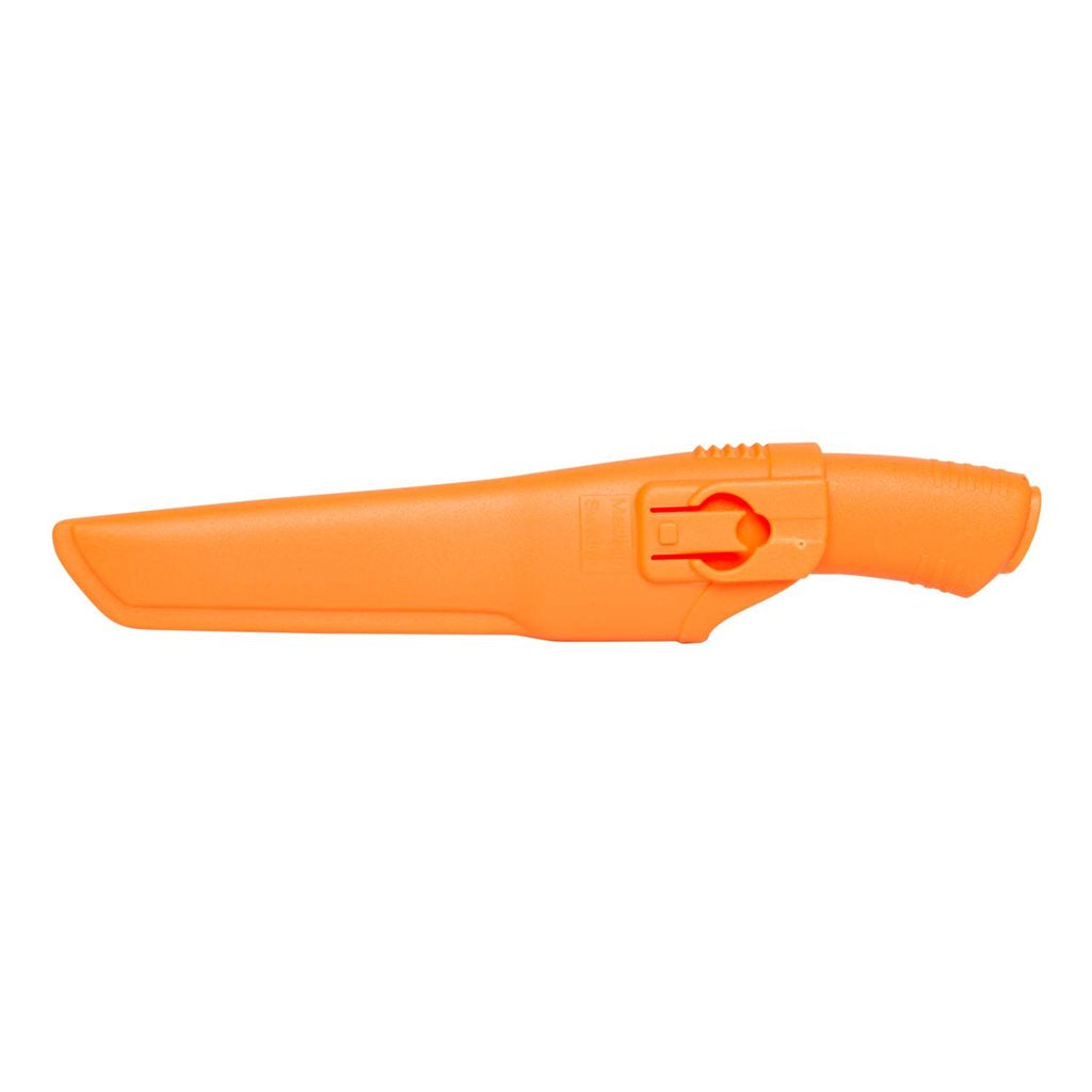 Cuchillo bushcraft naranja MORA con hoja acero Sandvik 12C27 y funda de plástico