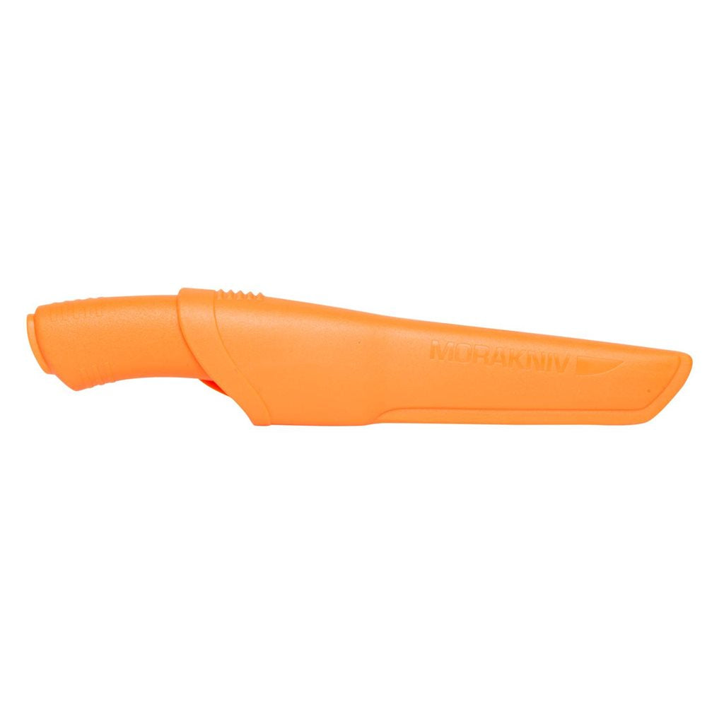 Cuchillo bushcraft naranja MORA con hoja acero Sandvik 12C27 y funda de plástico