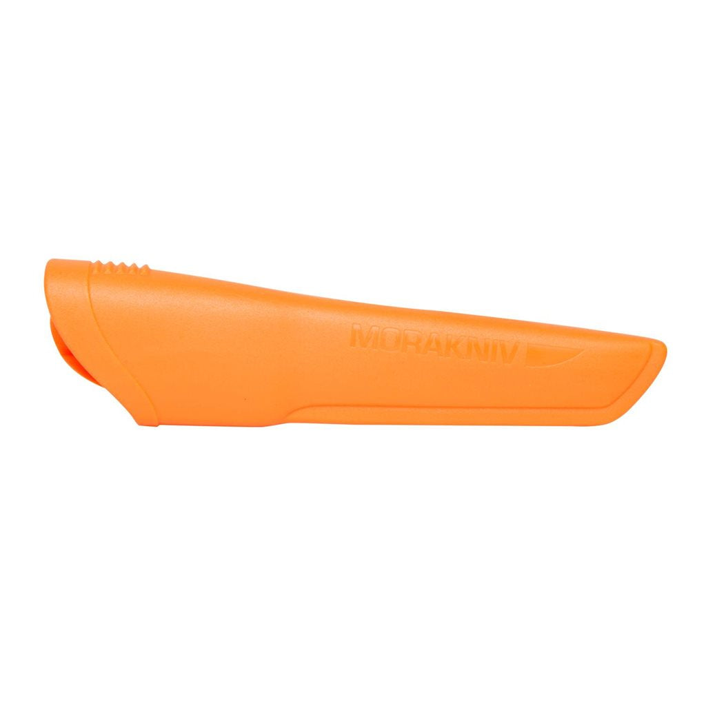 Cuchillo bushcraft naranja MORA con hoja acero Sandvik 12C27 y funda de plástico