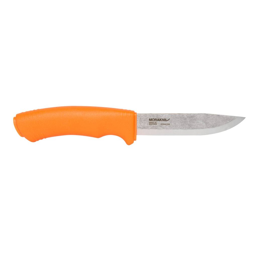 Cuchillo bushcraft naranja MORA con hoja acero Sandvik 12C27 y funda de plástico