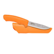 Cuchillo bushcraft naranja MORA con hoja acero Sandvik 12C27 y funda de plástico