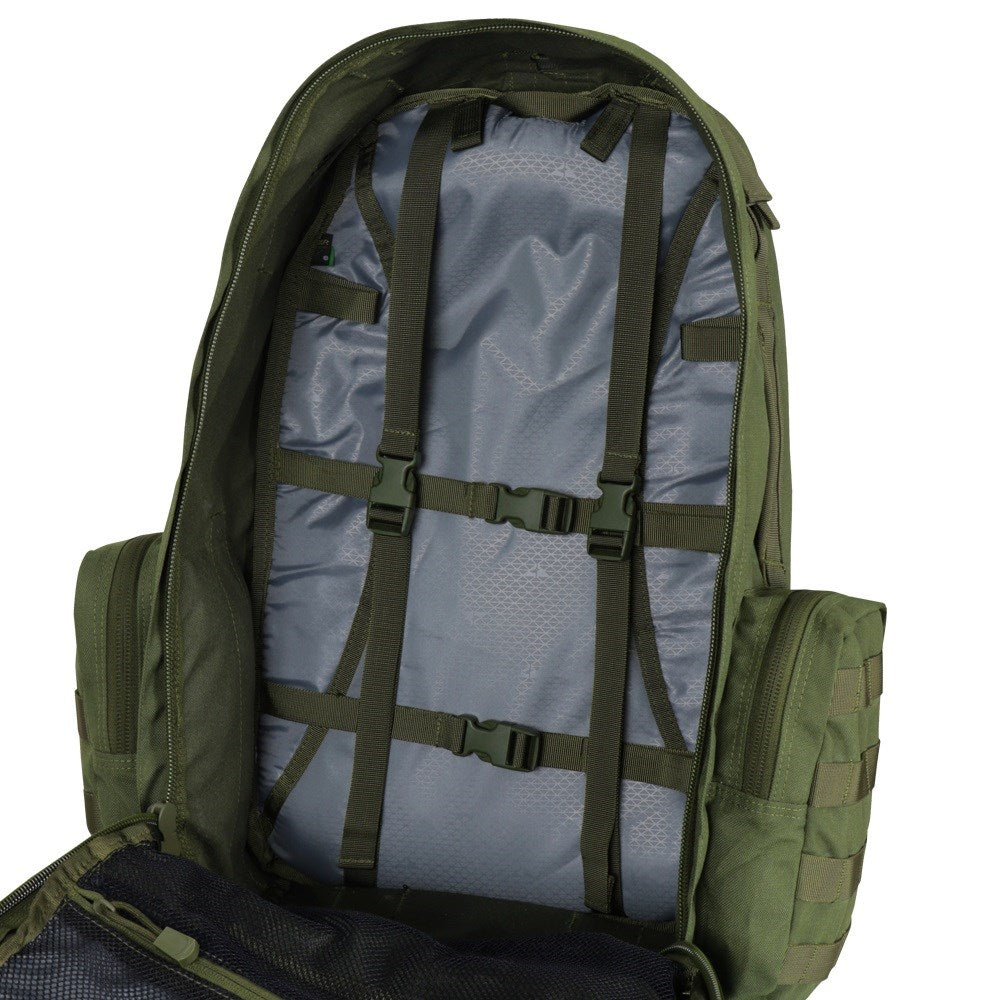 Mochila MOLLE 3-DAYS ASSAULT verde con correas acolchadas y sistema modular MOLLE
