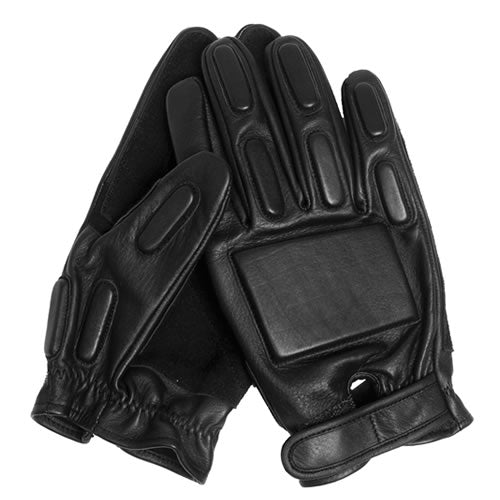 Guantes tácticos SECURITY negros de cuero mostrando acolchado y refuerzos