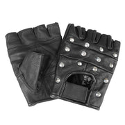 Guantes Biker sin dedos negros de piel de cabra con remaches y cierre de velcro (12518002)