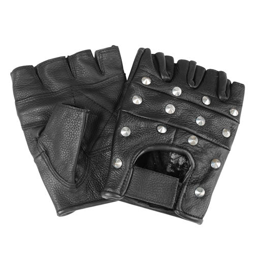 Guantes Biker sin dedos negros de piel de cabra con remaches y cierre de velcro (12518002)